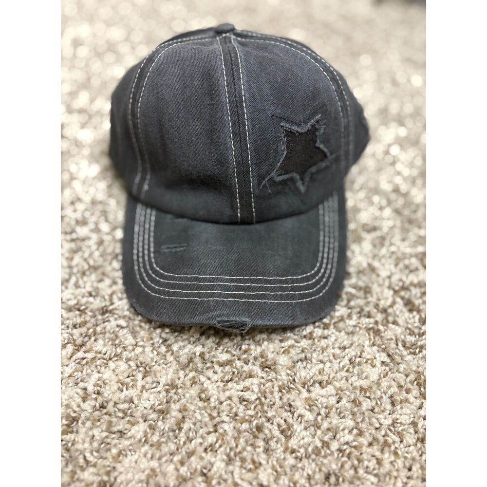 Charcoal Black Distressed Star Baseball Cap - Picture 1 of 7